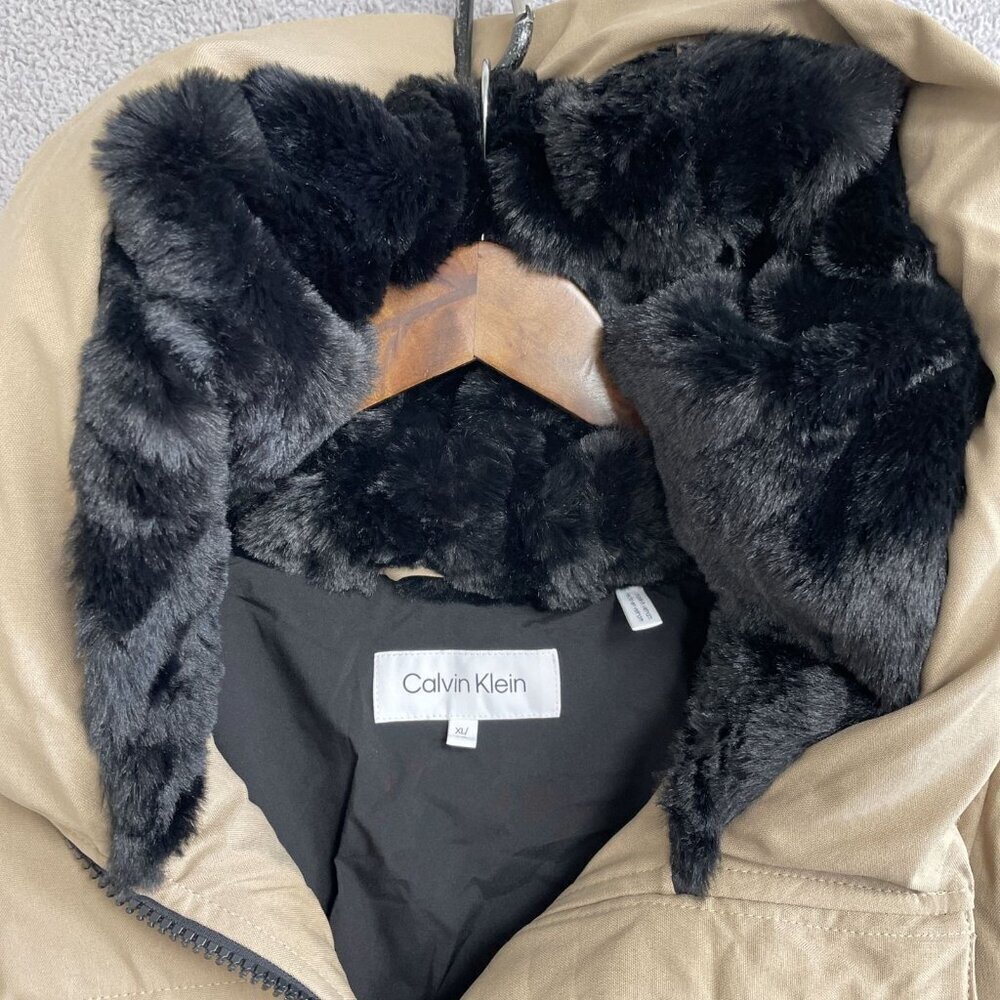 NWOT Calvin Klein Women's XL Hooded Puffer Coat Beige Faux Fur Lined Full Zip - Picture 8 of 10